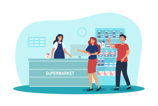 Supermarket with cashier. Young girl and man with groceries go to pay for goods. Grocery store, routine and daily activities. Cash register in market or shop. Cartoon flat vector illustration