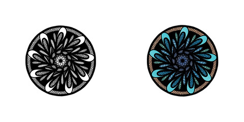 mandala ornament for coloring - outline and colored side by side