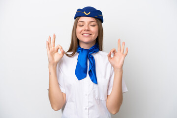 Airplane Lithuanian woman stewardess isolated on white background in zen pose