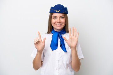 Airplane Lithuanian woman stewardess isolated on white background counting seven with fingers