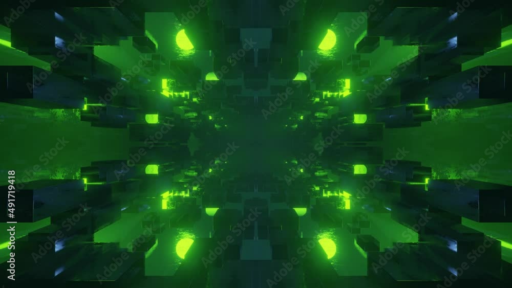 Poster fly through symmetrical technology cyberspace with neon glow. sci-fi flight through hi-tech technolo