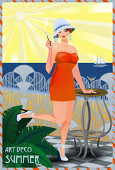 Summer Flapper girl in cloche hat, art deco, vector illustration	