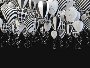 Fondo festivo y de celebración. Elegantes globos blancos y negros de helio volando sobre fondo negro para anuncios, cumpleaños e invitaciones.