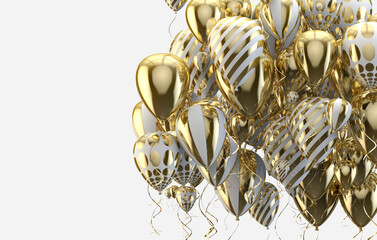 Fondo festivo y de celebración. Elegantes globos de helio dorados volando sobre fondo blanco para anuncios, cumpleaños e invitaciones.