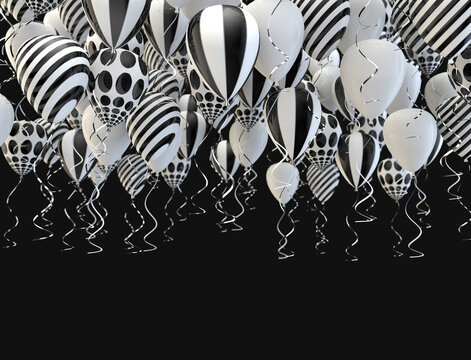 Fondo festivo y de celebraci&oacute;n. Elegantes globos blancos y negros de helio volando sobre fondo negro para anuncios, cumplea&ntilde;os e invitaciones.