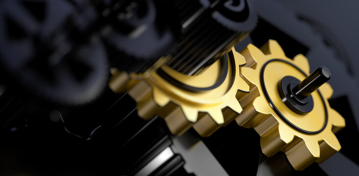 Concepto de mejora de procesos.Ilustración 3d. Mecanismo de engranaje de metal de oro para el proceso de negocio y empresarial.