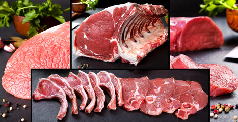 Delicioso y sabroso collage de alimentos de carne cruda y productos de carnicería.Variedad de...