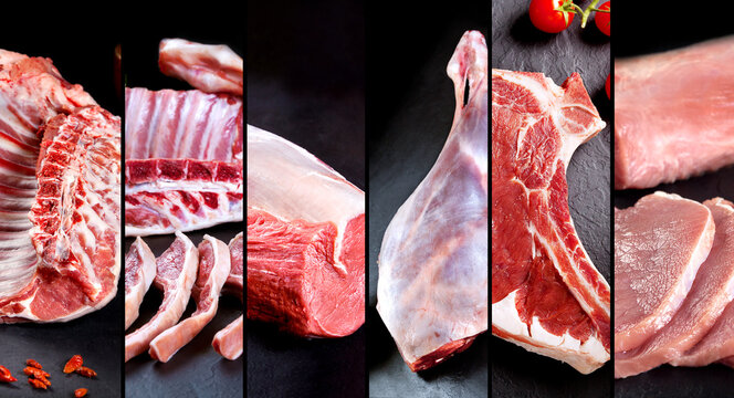 Delicioso y sabroso collage de alimentos de carne cruda y productos de carnicer&iacute;a.Variedad de cortes crudos de carne, filete de ternera, redondo de ternera, chuleta de cerdo, costilla de ternera.