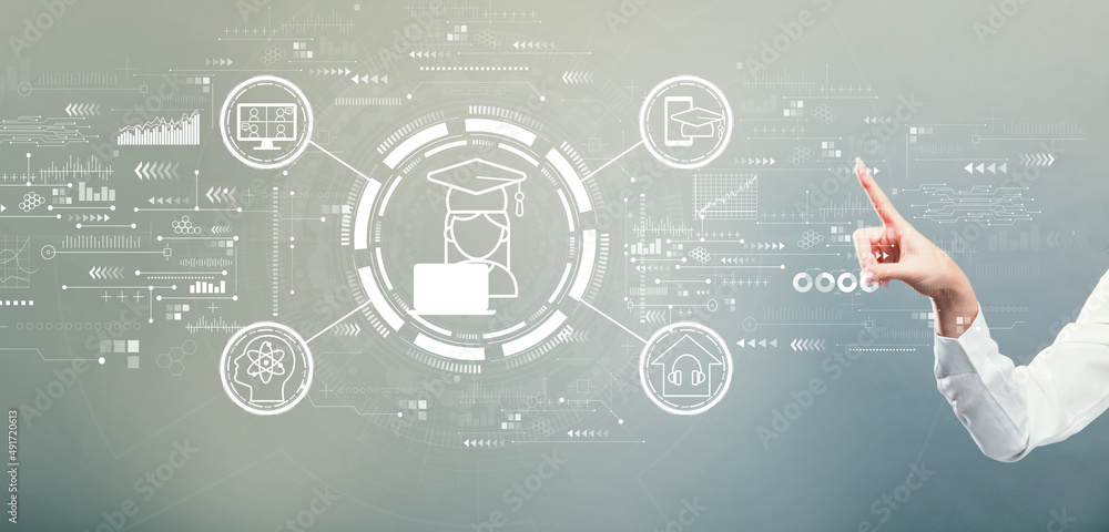 Poster distance learning theme with hand pressing a button on a gray background
