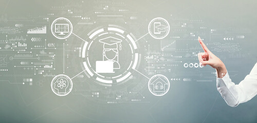 Distance learning theme with hand pressing a button on a gray background