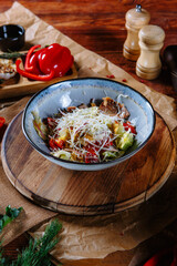 Fresh vegetable salad with meat. Top view