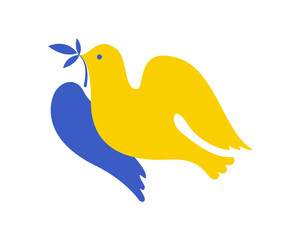 Dove with branch icon blue yellow colors Ukrainian flag isolated on white background. Vector flat illustration with symbol of peace.