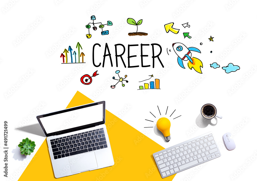 Poster career theme with computers and a light bulb