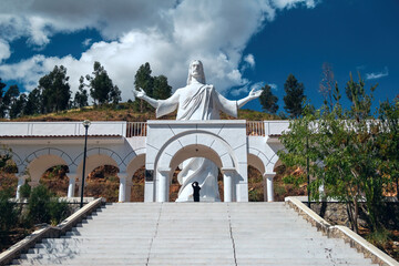 Huanta, Ayacucho, Peru - 6 of March 2021. White christ on the top of the andean mountain, huanta.