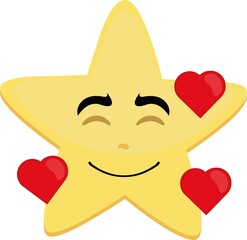 Vector illustration of a cartoon character of a star, with a happy expression and surrounded by hearts