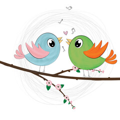 Beautiful spring birds in love are sitting on a branch with leaves. Hearts and music in the air. Cartoon characters are animals. Bright color vector illustration, spring card.