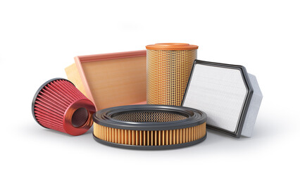 Different car air filters on a white background.3d illustration