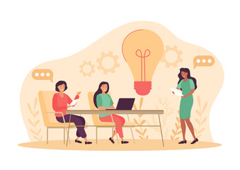 Thinking and brainstorming. Mental processes and creativity. Colleagues in office at tables. Marketing researching, analytics department or board of directors. Cartoon flat vector illustration