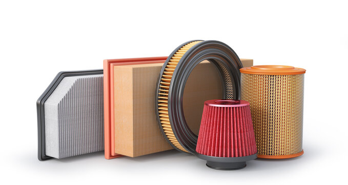 Different car air filters on a white background.3d illustration