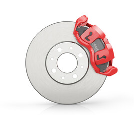 Car brake disk with red caliper. Car brake on a white background. 3d illustration - obrazy, fototapety, plakaty