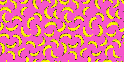Many scattered bananas. Vector seamless pattern. Hand drawn fruits.