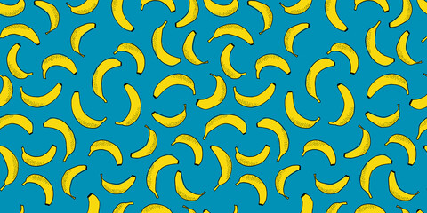 Many scattered bananas. Vector seamless pattern. Hand drawn fruits.