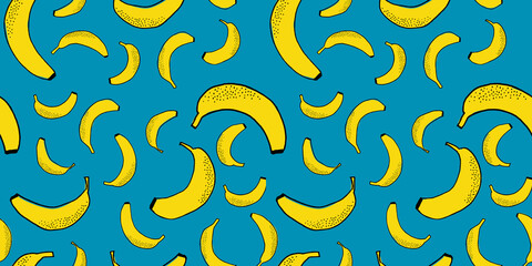 Many scattered bananas. Vector seamless pattern. Hand drawn fruits.