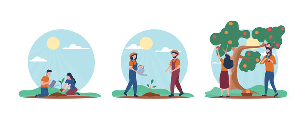 Caring of tree stages. Environmental activists and concern for nature. Charity or volunteers. Farmers and agriculture. Happy family harvesting, gardeners on nature. Cartoon flat vector illustration