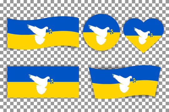 Ukraine flag with a peace dove .Pigeon silhouette on the white and yellow patriotic symbols with branch.Peace for Ukraine.Stop War.I Support Ukraine.Pray for Ukraine.