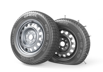 Broken wheel on a white background. 3d illustration