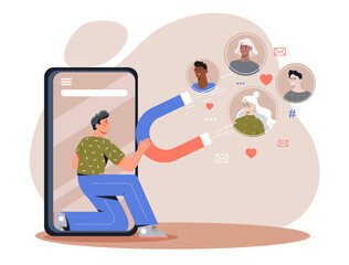 Blogger collects likes. Guy with magnet near screen of smartphone. Social networks, interesting content and author. Promotion from page on Internet, marketing. Cartoon flat vector illustration