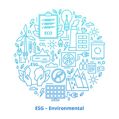 Set of ESG, ECO, BIO icons. ESG environmental criteria, icons placed in the form of a circle. Gradient. Vector illustration isolated on white background.