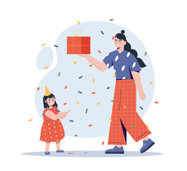 Children birthday concept. Mother brought daughter gift, love and care in family. Surprise for girl. Design of invitation and greeting cards, holiday and relationship. Cartoon flat vector illustration