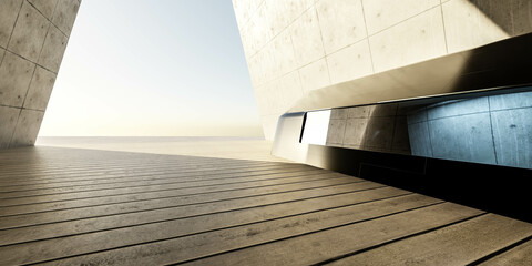 futuristic concrete building with steel studio with windows and bright sun day light and sky 3d render illustration