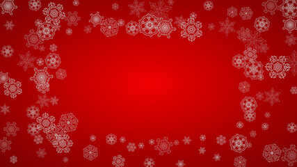 Christmas background with silver snowflakes and sparkles. Horizontal New Year and Christmas background for party invitation, banner, gift cards, retail offers. Falling snow. Frosty winter backdrop.