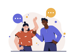 Concept of communication. Man talks to girl, friends share rumors, gossip and news. Students at university. Discussion or dispute. Happy people, smiling persons. Cartoon flat vector illustration