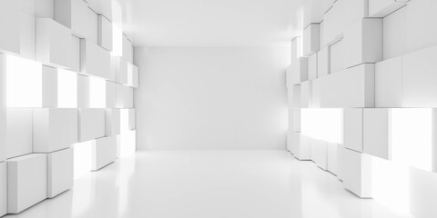 abstract empty cube wall room with white geometric shape walls 3d render illustration