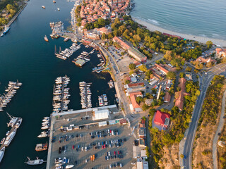 Aerial sunset view of old town and port of Sozopol, Bulgaria
