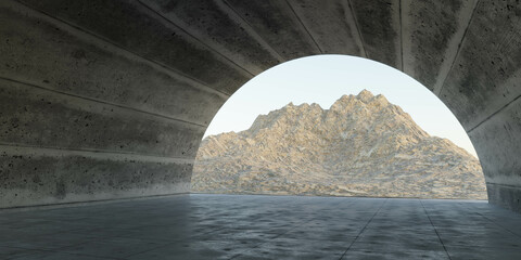 concrete tunnel hangar with mountain landscape and sky 3d render illustration