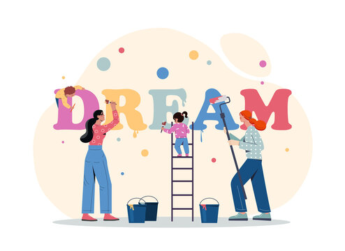 Concept of dream. Man, girl and child prescribe text. Bright letters on wall. Family with buckets of paint renovating room in new or old apartment, little helper. Cartoon flat vector illustration