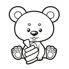 Cute cartoon teddy bear holds a pyramid in its paws outlined for coloring page on a white background
