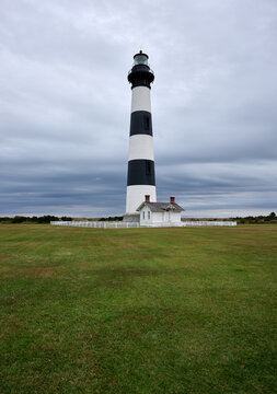 Vertical image of the Bodie Island Lighthouse on a rainy cloudy day
