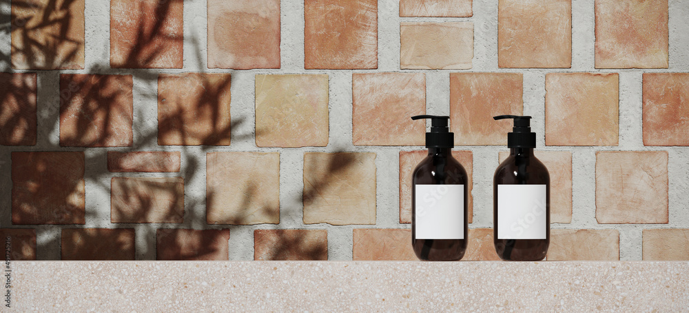 Poster summer mockup concept for cosmetic product presentation. terrazzo podium on square terracotta tile b