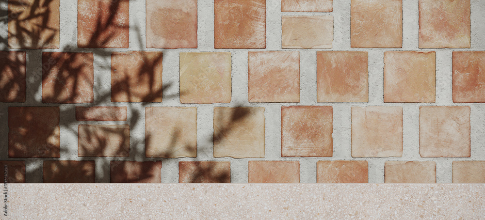 Poster summer mockup concept for cosmetic product presentation. terrazzo podium on square terracotta tile b