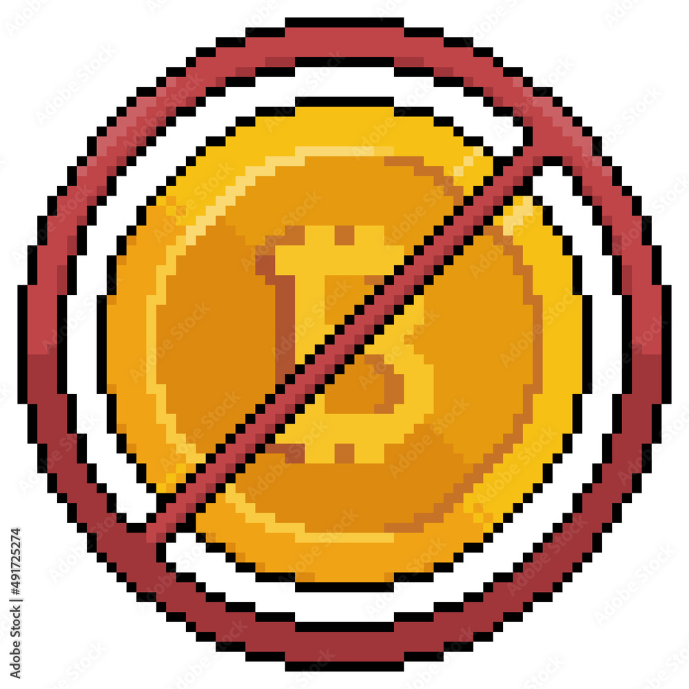Poster pixel art ban bitcoin not cryptocurrencies vector icon for 8bit game on white background