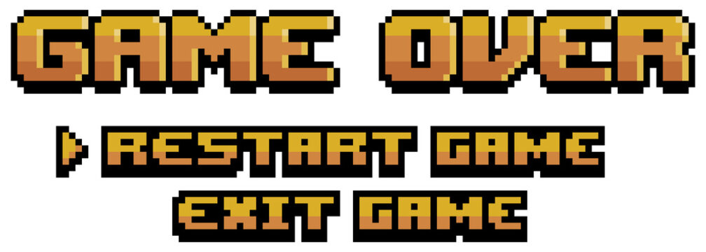 Pixel Art Over Game Over Screen With Restart And Exit Vector Icon For 8bit Game On White Background
