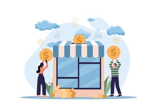 Financing Business Concept. Man And Girl With Coins In Their Hands. Investors And Investments, Financial Literacy, Small Business Support. Sources Of Company Income. Cartoon Flat Vector Illustration