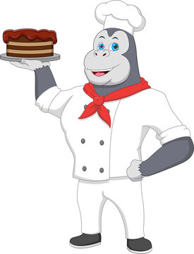 cartoon gorilla chef with a tart cake