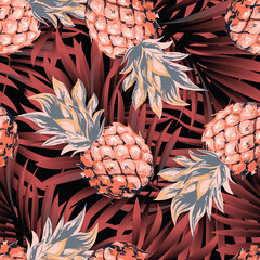 Palm. Seamless pattern with branches and leaves of tropical tree plant for print, web design, textile. Vector image. 