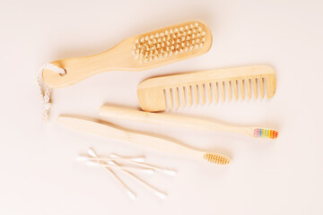 Personal care products made from natural materials.Flat lay of personal care zero waste supplies.Plastic-free concept.Items for hygiene and face and body care made of eco-friendly materials.